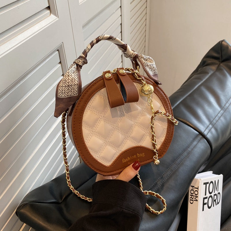 Small Round Embroidered Crossbody Bag for Women – Diamond Pattern PU Leather
