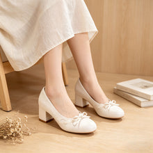Load image into Gallery viewer, Women's Satin Bow Block Heel Pumps | Ivory Jacquard Slip-On Heels