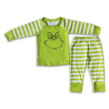 Load image into Gallery viewer, Green face screen print shirt stripe boy Christmas pajamas