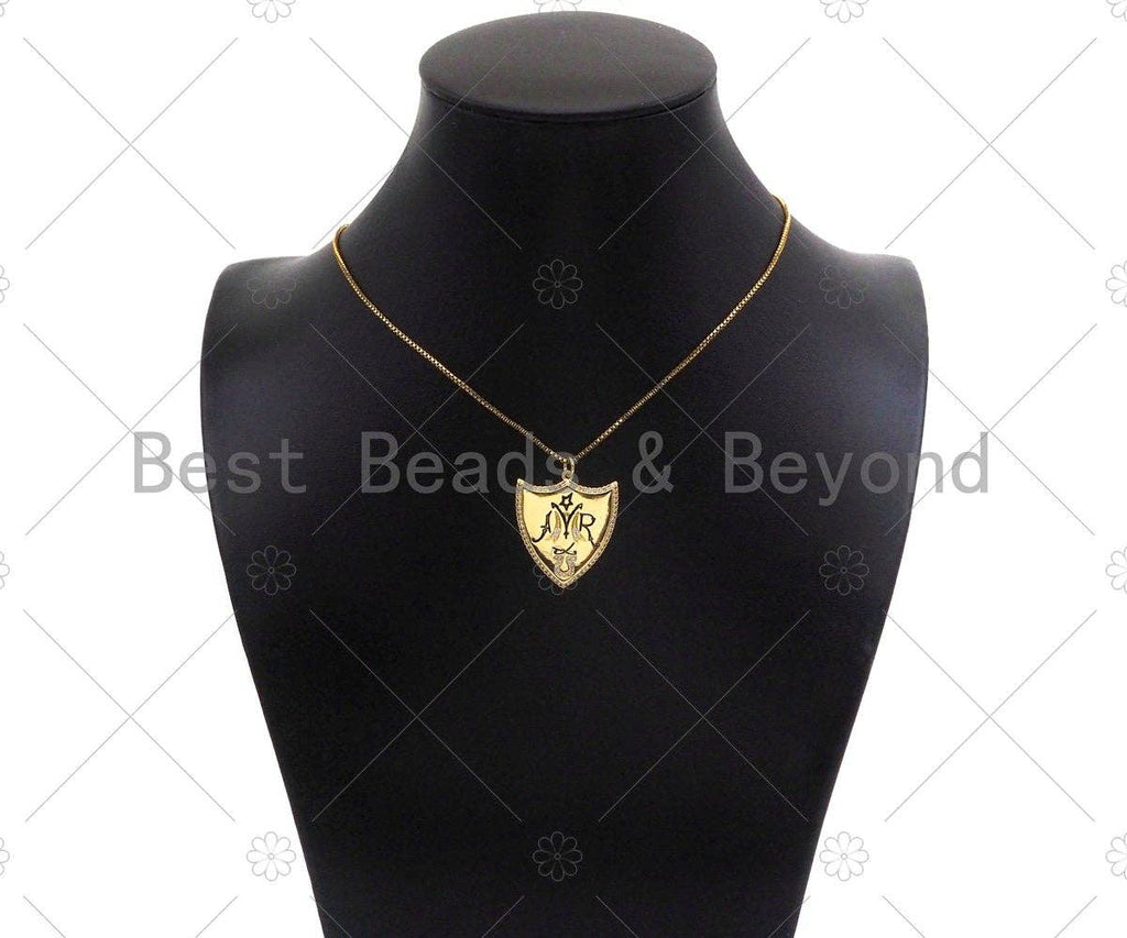 18K Dainty Gold Symbol On Shield Shape Pendant/Charm,Cubic Zirconia Charm, Necklace Bracelet Charm Pendant, 28x24mm, Sku#L556