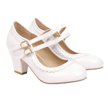 Load image into Gallery viewer, Women's Patent Leather Chunky Heel Mules – Candy Color Round Toe Buckle High Heels
