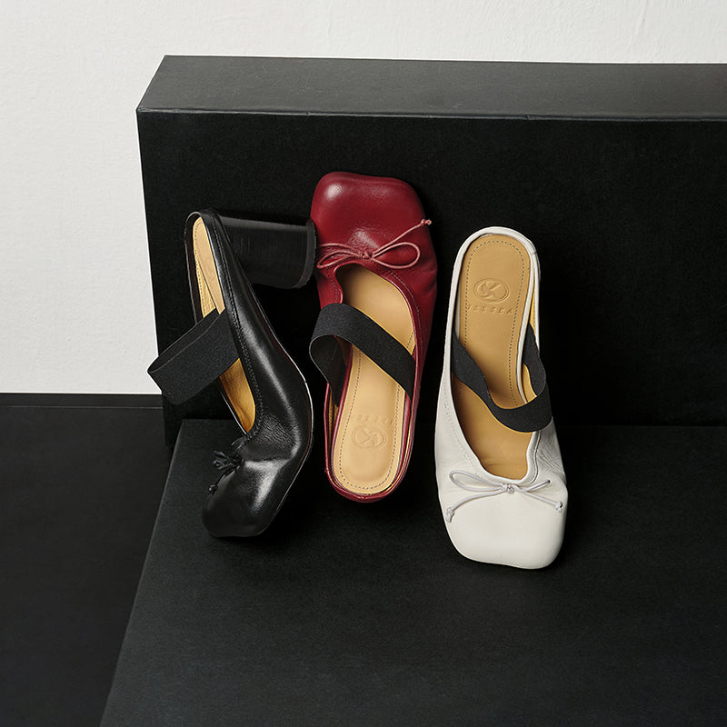 Women's Washed Cowhide Leather Ballet Mule Block Heel Sandals | Elastic Strap Open-Back Heels