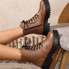 Load image into Gallery viewer, Women's Lace-Up Ankle Combat Boots | Low Heel PU Leather | Khaki Pink Brown