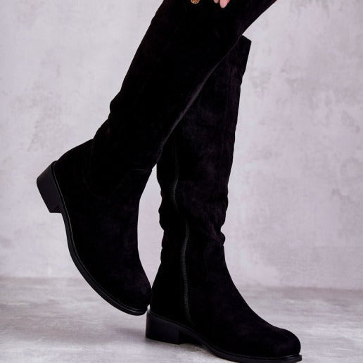 Women's Over-The-Knee Suede Boots | Low Heel Round Toe Side Zipper | Black Brown Khaki