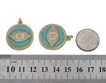 Load image into Gallery viewer, Gold CZ Light Green Enamel Evil Eye Round Coin Charm, Sku#LK718