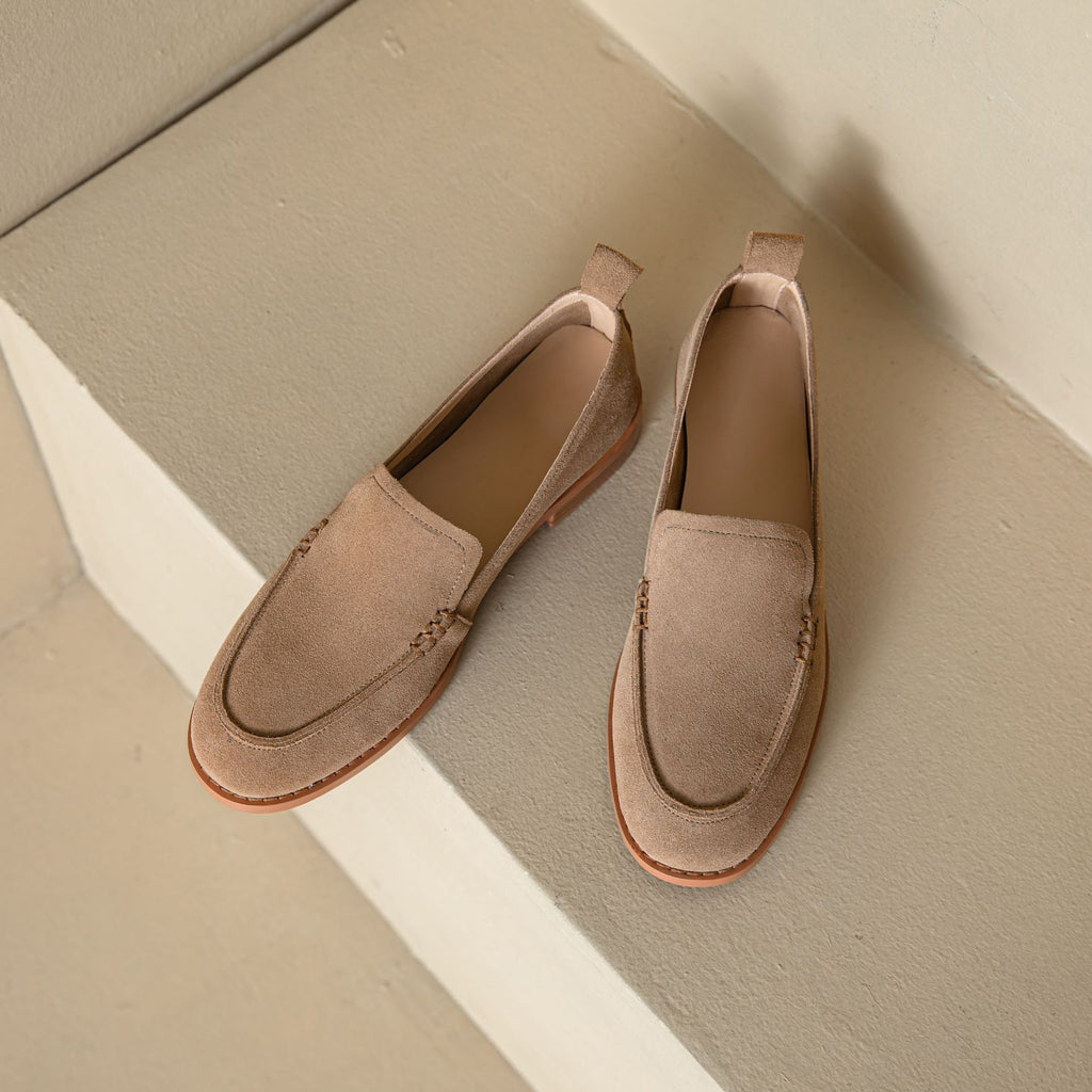 Women's Slip-On Suede Flats | Chunky Low Heel Round Toe Shoes | Army Green & Apricot
