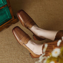 Load image into Gallery viewer, Women's Square Toe Chunky Heel Shoes – Sheepskin Upper, Retro Dress Heels in Blue &amp; Apricot
