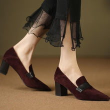 Load image into Gallery viewer, Women's Pointed-Toe Chunky Heel Loafers | Suede Slip-On Work Heels