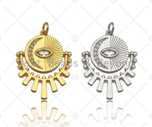 Load image into Gallery viewer, CZ Micro Pave Evil Eye Cresent Moon On Round Coin With Radial Pendant/Charm, Real Gold Plated Charm Pendant,22x27mm, Sku#L427