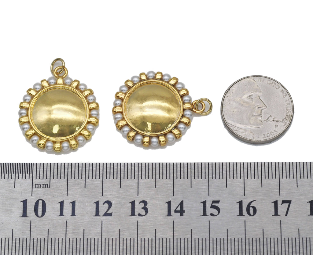 Gold Pearl Round Mirror Coin Charm, Sku#B221