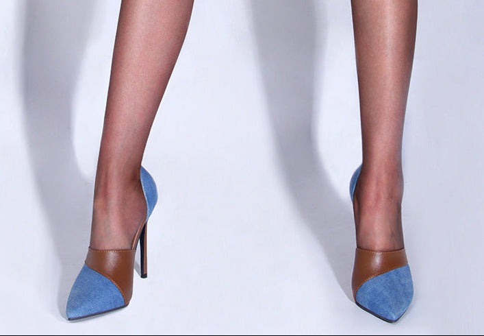 Women's Denim Patchwork Stiletto Pumps – Pointed Toe High Heel Shoes