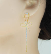 Load image into Gallery viewer, Gold CZ Bowknot Long Dangle Stud Earrings, Sku#ZX108/lx375