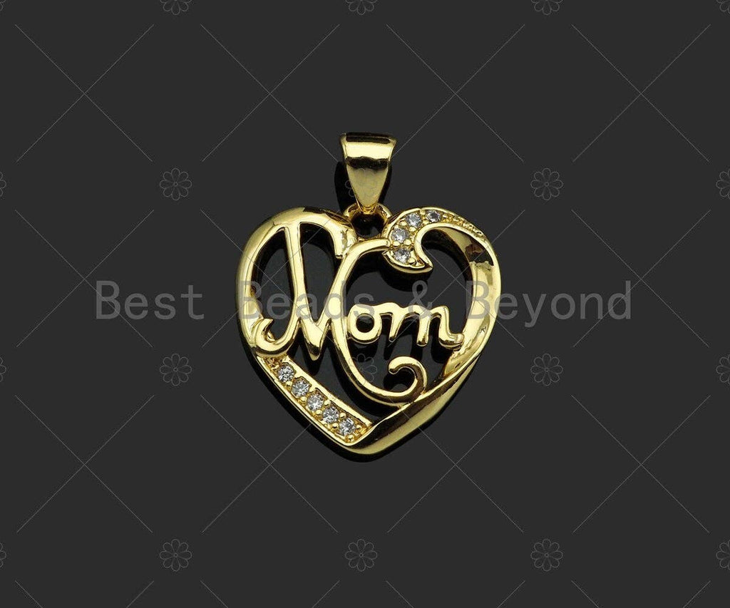Gold Filled CZ Micro Pave Mom word On Heart Shape Pendant, 18K Gold Filled Heart Charm, Mother's Day,Necklace Pendant,18x18mm,Sku#LD123