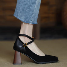 Load image into Gallery viewer, Women's Retro Chunky Heel Suede Pumps | Square Toe High Heels | Brown &amp; Black