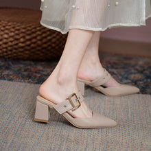 Load image into Gallery viewer, Women's Korean-Style Pointed Toe Chunky Heel Slippers | Microfiber Leather Slip-On Shoes