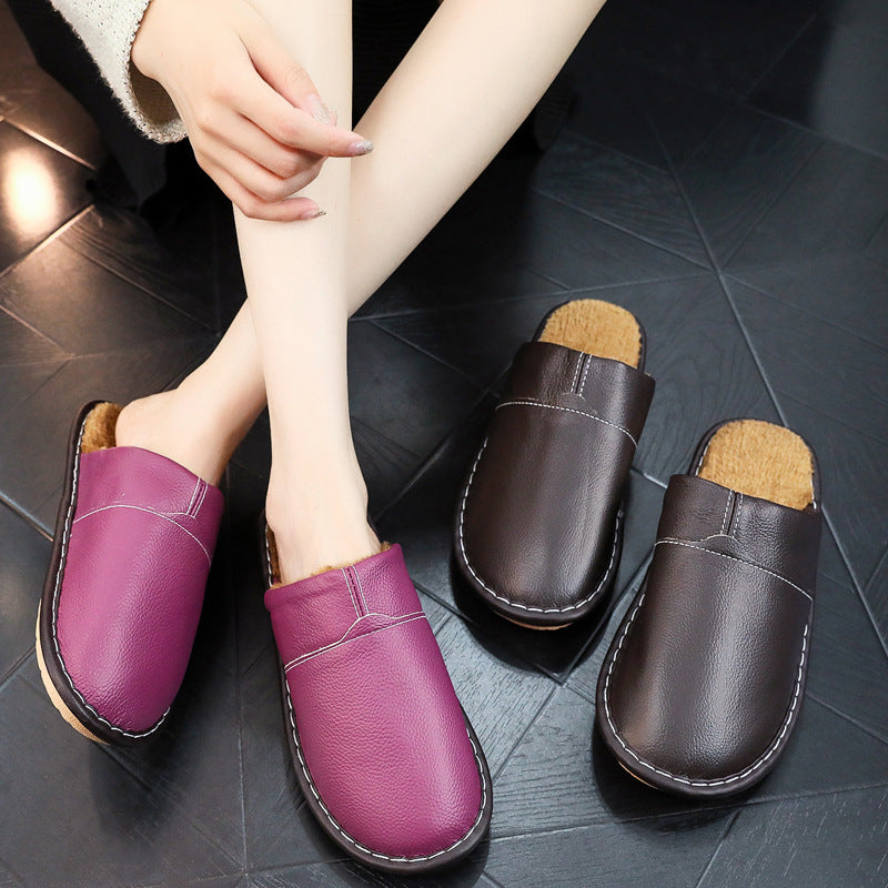 Women's Men's Winter Indoor Leather Slippers | Non-Slip Closed-Toe House Shoes | Cowhide Upper | Couples Slippers