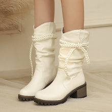Load image into Gallery viewer, Women's Knitted Strap Mid-Calf Boots With Chunky Heels | Black &amp; White