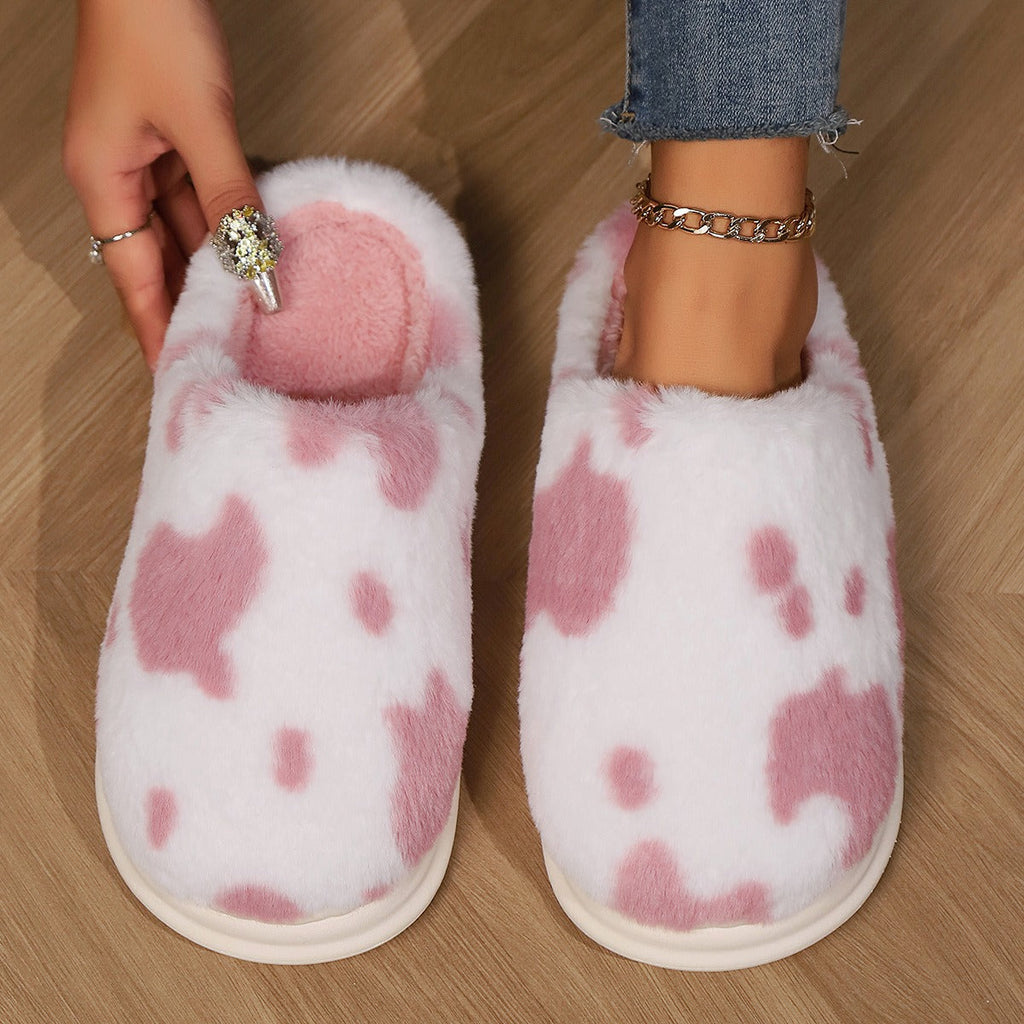 Cow Print Plush Slippers – Unisex Winter Slippers