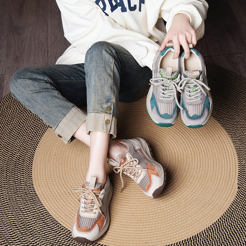 Women's Retro Color-Block Dad Sneakers – Breathable Lace-Up Casual Shoes