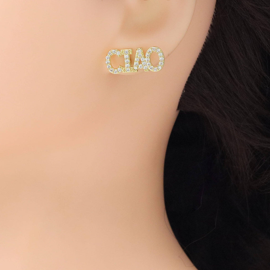 Clear CZ Ciao Word Stud Earrings, Sku#A355