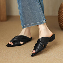 Load image into Gallery viewer, Women's Ruched Lambskin Slide Sandals | Square-Toe Handmade Leather Flat Mules
