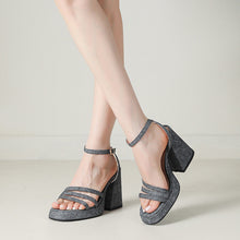 Load image into Gallery viewer, Women's Denim Strap Chunky Heel Sandals | Round Toe Block Heel | Light Blue, Dark Blue &amp; Gray