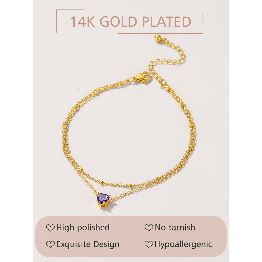 FindChic Anklets for Women Waterproof, Bling Heart Tourmaline Birthstone Ankle Bracelets Gold Plated Stainless Steel Layered Beaded Foot Chain Summer Jewelry for Birthday Mothers Day with Gift Box