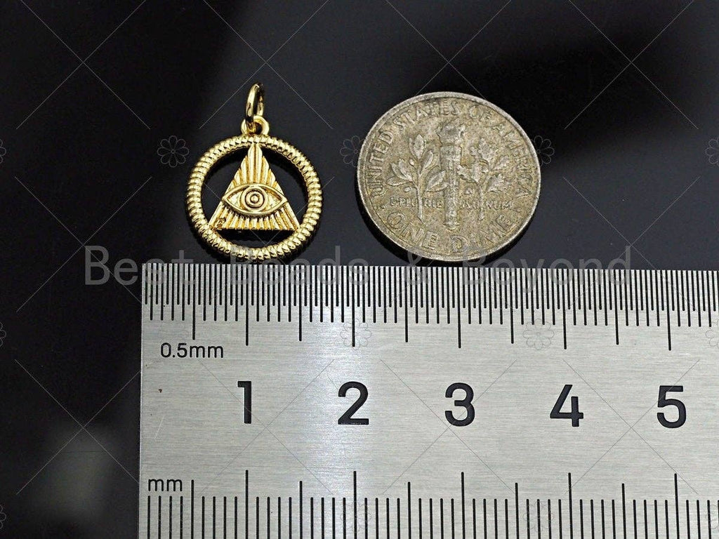 CZ Micro Pave Evil Eye On Triangle With Round Ring Shape Pendant, Gold Plated, Necklace Bracelet Charm Pendant, 18x20mm,sku#F1240
