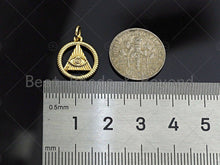 Load image into Gallery viewer, CZ Micro Pave Evil Eye On Triangle With Round Ring Shape Pendant, Gold Plated, Necklace Bracelet Charm Pendant, 18x20mm,sku#F1240