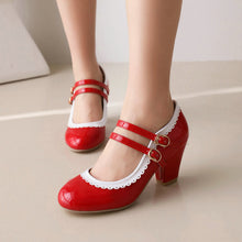 Load image into Gallery viewer, Women's Patent Leather Chunky Heel Mules – Candy Color Round Toe Buckle High Heels
