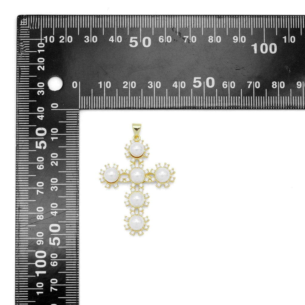 Gold White Pearl Flower Cross Charm Pendant, Sku#LX696