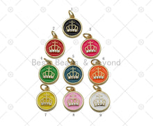 Load image into Gallery viewer, CZ Micro Pave Crown On Colorful Enamel Round Coin Shape Pendant, 18K Gold Filled Crownl Charm, Necklace Bracelet Charm Pendant, Sku#JD20