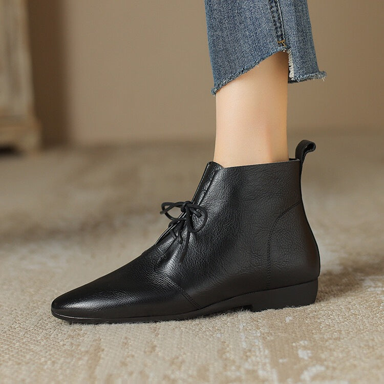 Women's Vintage Round Toe Ankle Boots - Genuine Leather Slip-On Chunky Heel Winter Boots