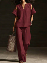 Load image into Gallery viewer, V-Neck Short Sleeve Top &amp; Straight-Leg Pants Set – Ripped Detail, Pockets, Solid Color