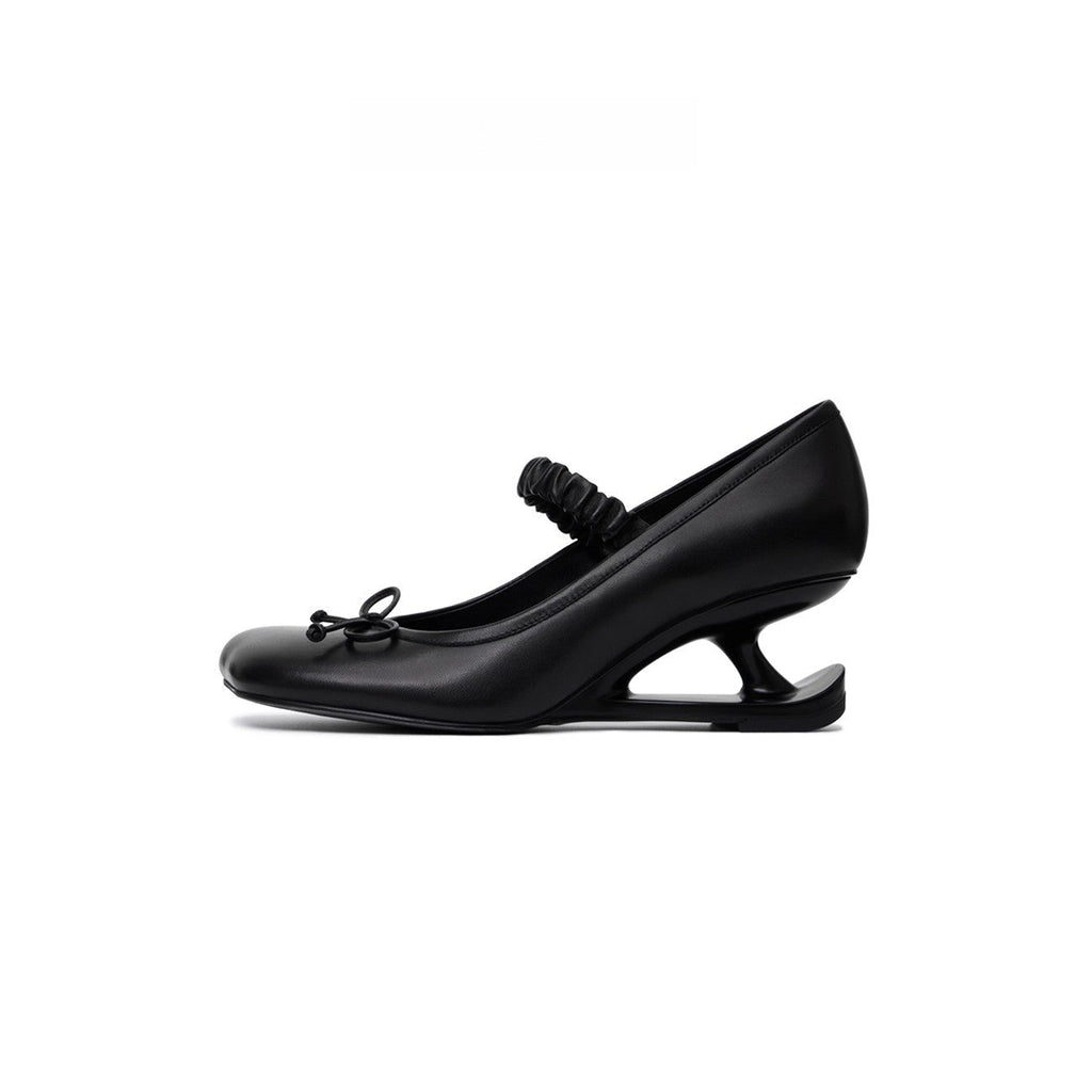 Women's Square Heel Leather Pumps with Bow Accent - Genuine Leather Mid Heel Shoes