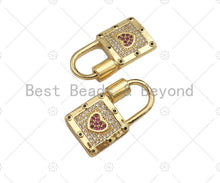 Load image into Gallery viewer, 18K Gold Pink Heart Padlock Clasp, CZ Micro Pave Clasp, Gold Padlock Clasp, Fancy Pave Lock,14x27mm,sku#K147