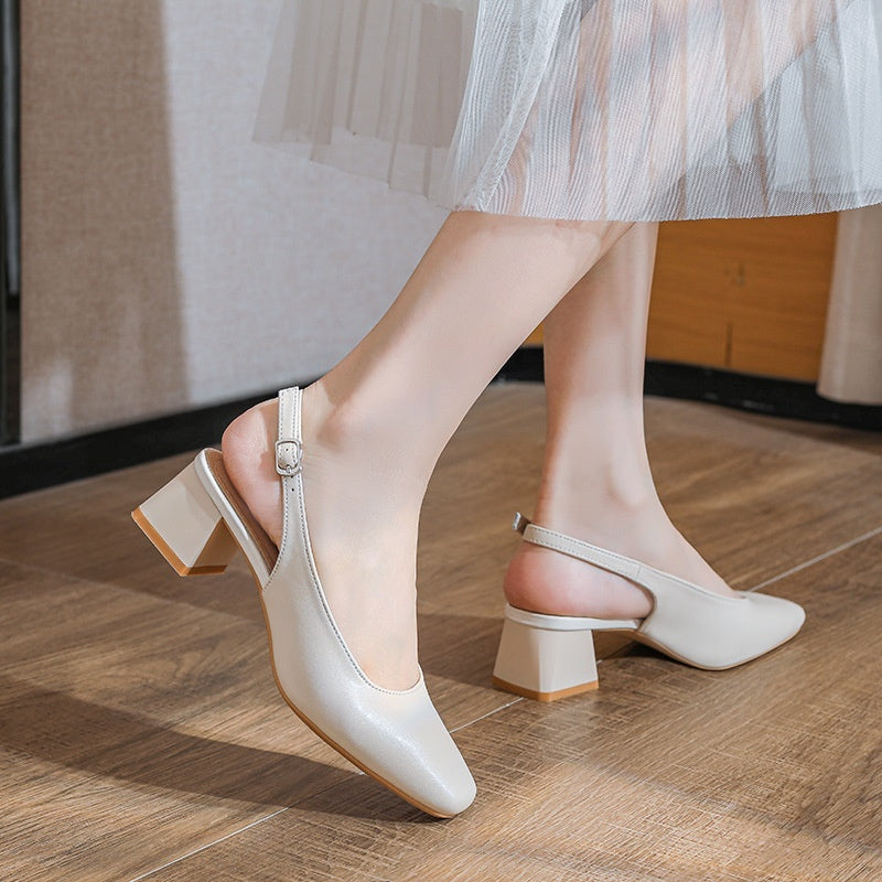 Women's Square Toe Chunky Heel Sandals | Genuine Leather Buckle Closure | Mid Heel Summer Shoes