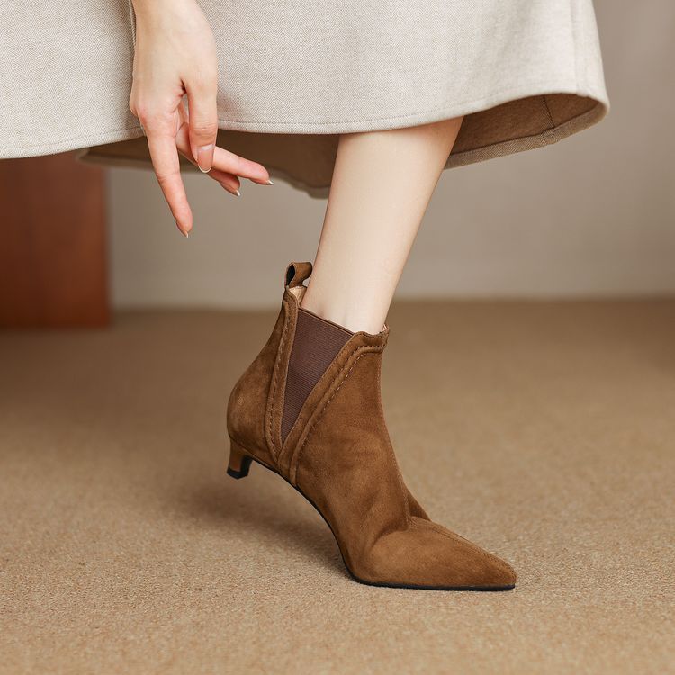 Women's Stiletto Suede Ankle Boots | French-Cut Mid-Calf Heeled Boots