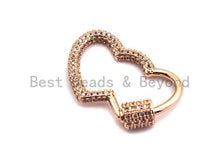 Load image into Gallery viewer, CZ Micro pave Double Heart with Cross Screw Clasp, CZ Pave Screw Lock, Gold/Silver/Rose Gold/Gunmetal Carabiner Clasp, 19x28mm, sku#H145