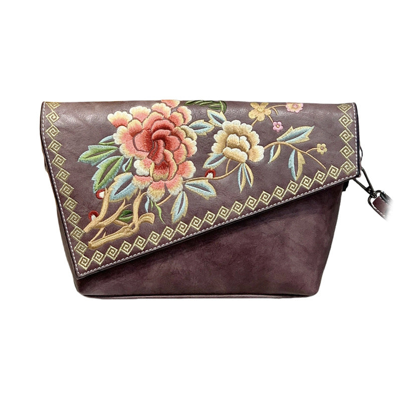 Embroidered Chinese-Style Women's Handbag - PU Leather Crossbody Shoulder Bag with Multiple Compartments