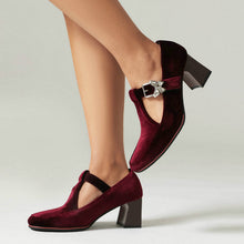 Load image into Gallery viewer, Women's Suede Chunky Heel Pumps – Square Toe Buckle Block Heels | Black, Wine Red, Green