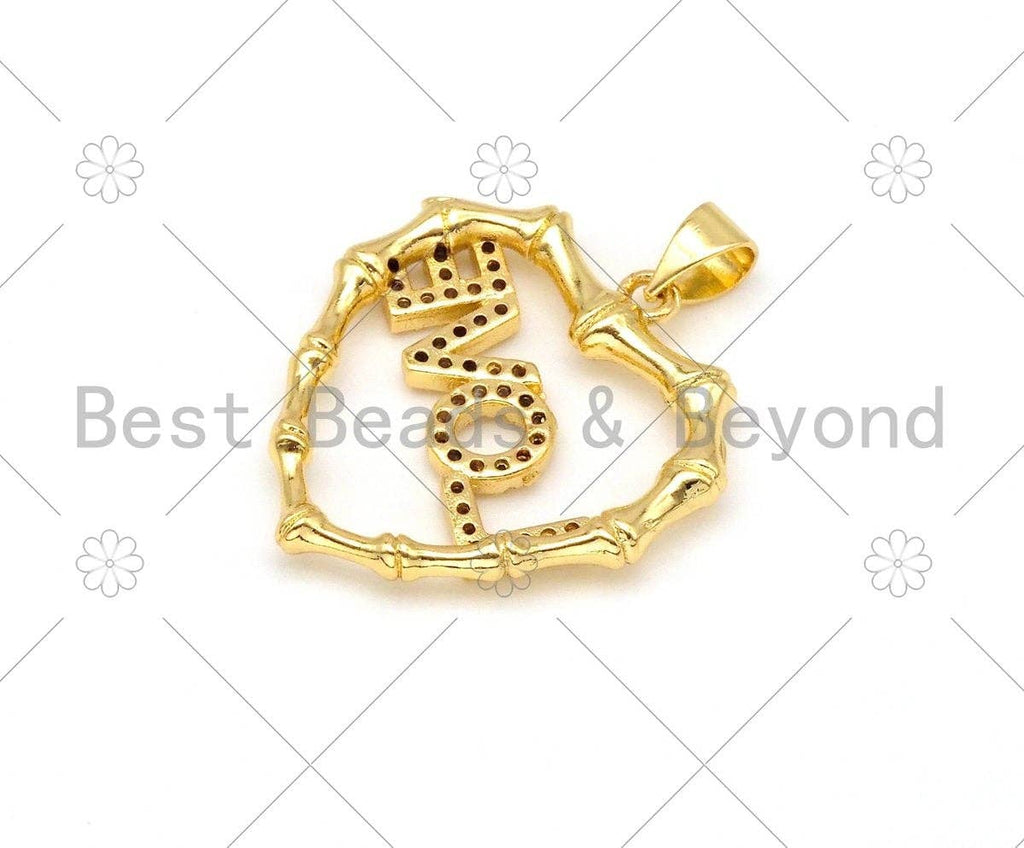 CZ Micro Pave Love On Heart Shape with Bamboo Frame Pendant,18K Gold Filled Heart Charm, Necklace Bracelet Charm Pendant,23x26mm,Sku#LK384