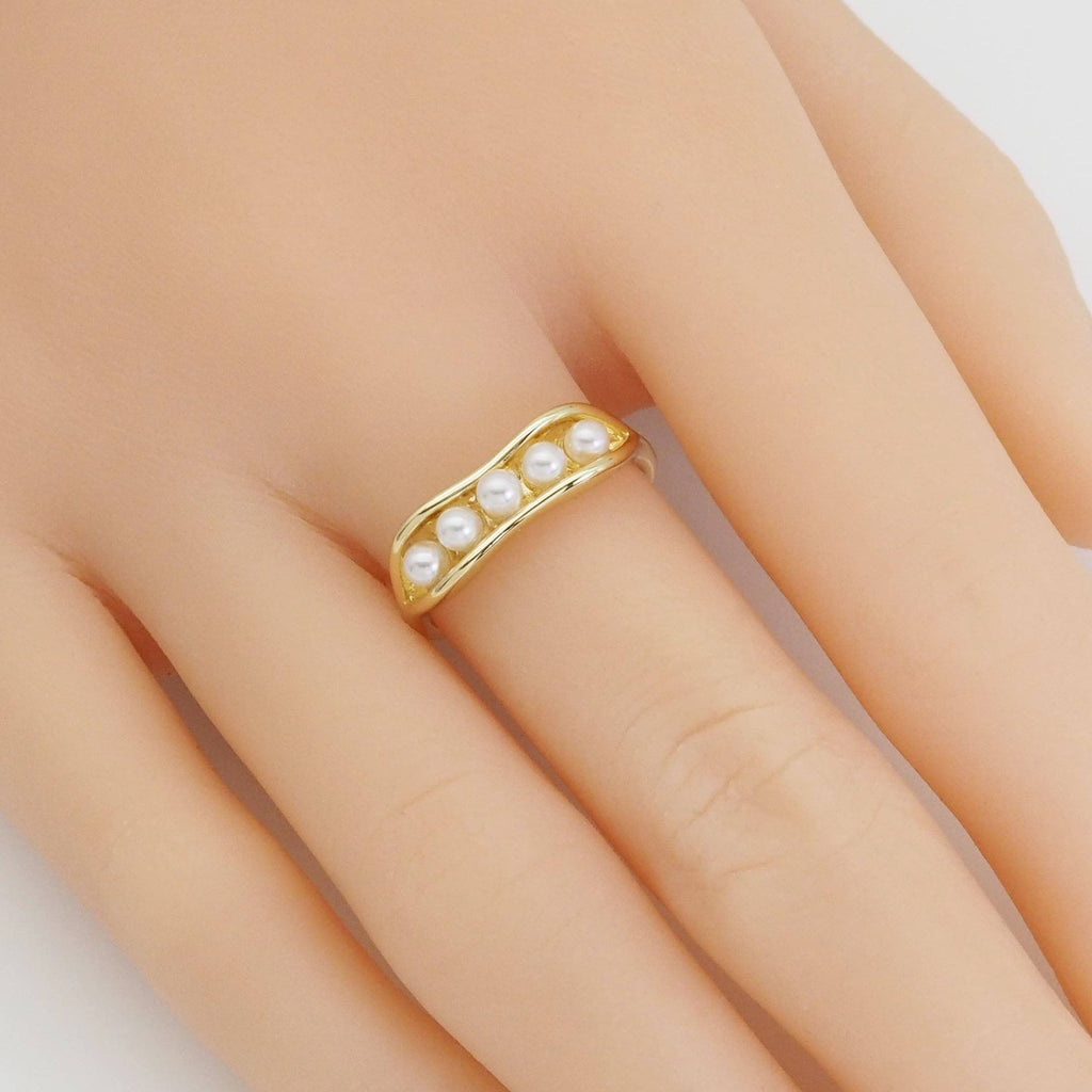 Gold White Pearl One Line Adjustable Ring, Sku#LD483