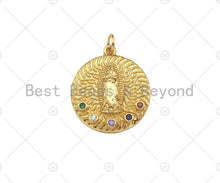 Load image into Gallery viewer, Colorful CZ Micro Pave Virgin Mary On Round Coin Shape Pendant,18K Dainty Gold Medallion Charm, Necklace Bracelet Charm,19x21mm,Sku#JL45