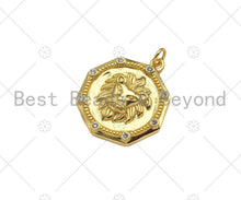 Load image into Gallery viewer, Gold Filled CZ Micro Pave Embossed Lion Head On Round Shape Pendant,18K Gold Filled Lion Charm, Necklace Bracelet Pendant,21x25mm,Sku#LK338