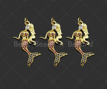 Load image into Gallery viewer, Gold Filled Fuchsia CZ Micro Pave Mermaid Shape Pendant, 18K Gold Filled Mermaid Charm, Necklace Bracelet Charm Pendant,16x33mm,Sku#LK363