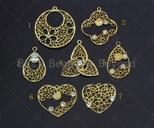 Load image into Gallery viewer, Filigree Gold Lacy Charm with CZ Stone, Round/heart/Teardrop/Windmill Brushed Gold Twisted Wire Charm Pendants, Earrings making, sku#CP13