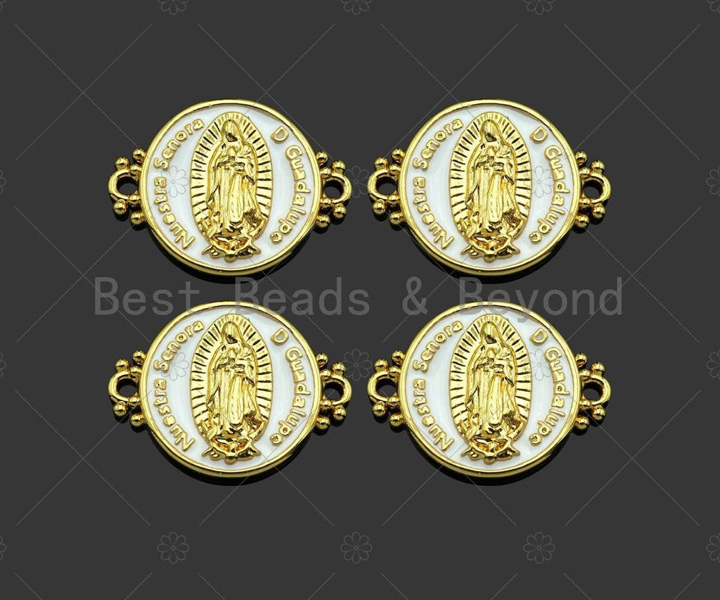 Gold Filled White Enamel Virgin Mary On Round Coin Shape Connector, 18K Gold Filled Enamel Link, Enamel Jewelry, 22x17mm,Sku#LD108