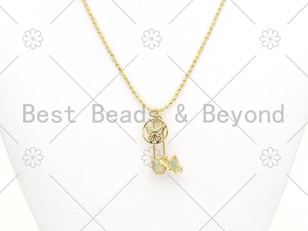 Colorful CZ Micro Pave Butterfly On Safety Pin Shape Pendant/Charm, 18K Gold Filled Charm, Necklace Bracelet Charm Pendant,8x30mm,Sku#F1409