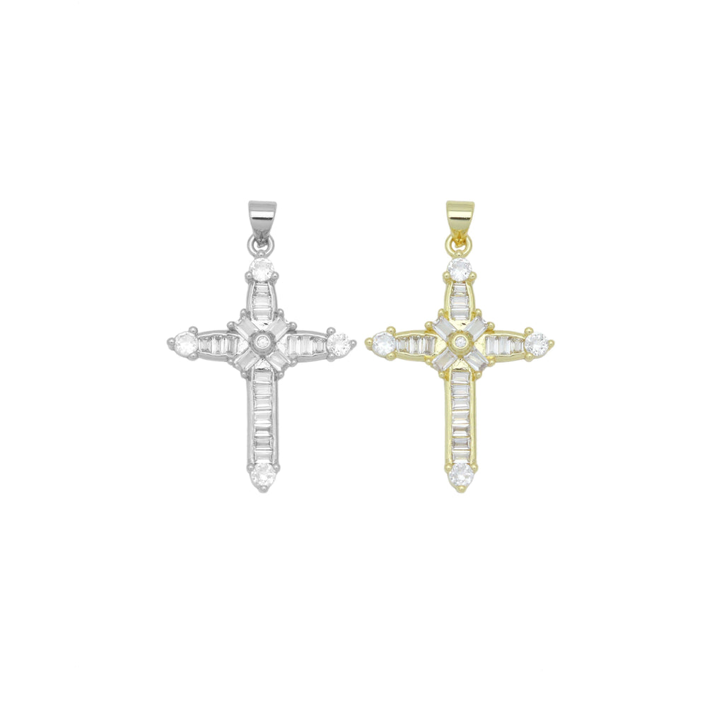 Gold Clear Baguette CZ Cross Charm Pendant, Sku#LD638